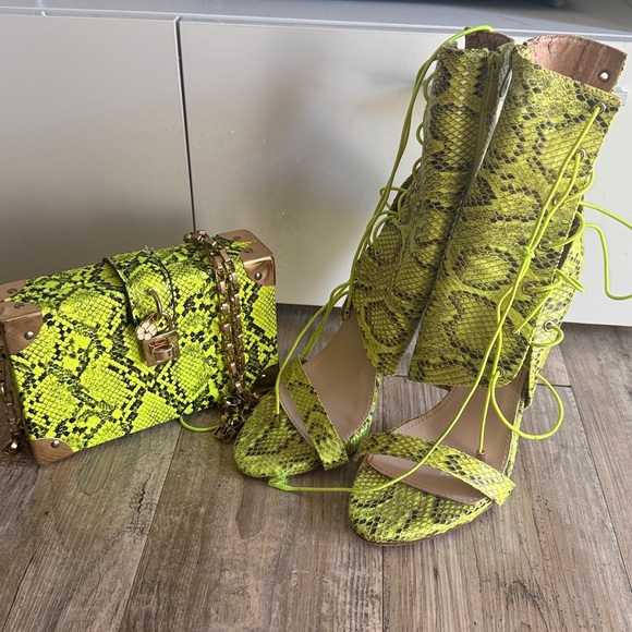 Lime Snake Print Lace-Up Boots - Picture 2 of 3
